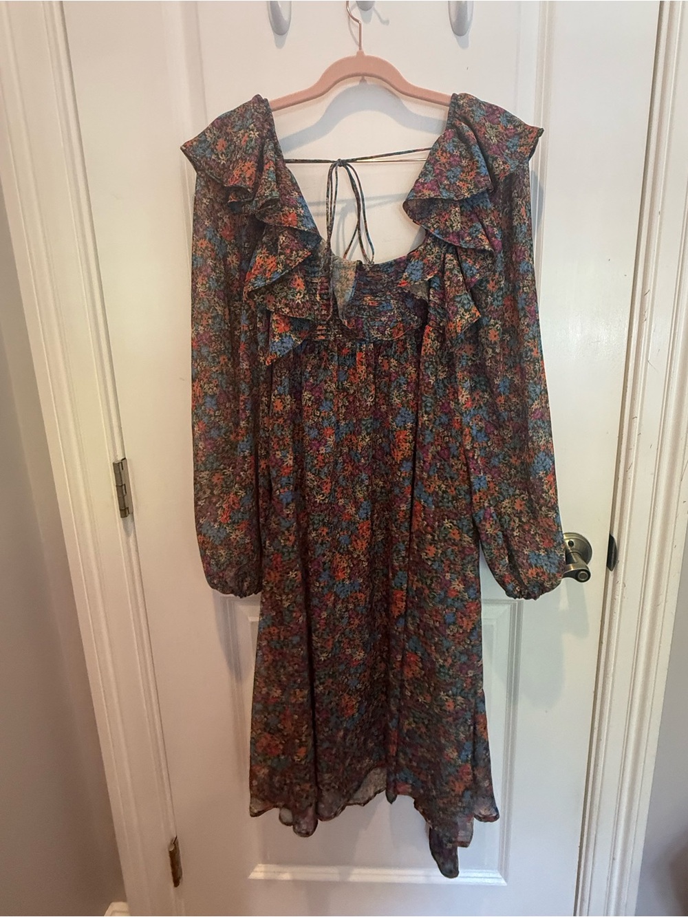 For Love And Lemons Multicolor Floral Ruffle Long-Sleeve Midi Dress